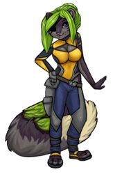  alice_okai alpha_channel anthro armor bell big_breasts big_tail biped breasts clothed clothing cosplay eye_covering felid female footwear fur green_body green_fur green_hair green_markings grey_body grey_fur hair hand_on_hip huge_tail legwear mammal markings multicolored_body multicolored_fur pantherine pose sandals snow_leopard solo standing tail theowlette yellow_body yellow_fur 