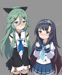  2girls bad_id bad_pixiv_id bare_shoulders black_hair black_ribbon black_serafuku black_skirt black_thighhighs blue_eyes blue_neckerchief blue_sailor_collar blue_skirt blush buttons cnm detached_sleeves gradient_hair green_eyes green_hair grey_background hair_between_eyes hair_ribbon juliet_sleeves kantai_collection long_hair long_sleeves matsuwa_(kancolle) multicolored_hair multiple_girls neckerchief pleated_skirt puffy_sleeves ribbon sailor_collar school_uniform serafuku simple_background skirt thighhighs yamakaze_(kancolle) 