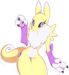  absurd_res anthro bandai_namco canid canine clothing daww digimon digimon_(species) eyelashes featureless_crotch female fur gloves handwear hi_res looking_at_viewer mammal mostly_nude multicolored_body multicolored_fur norithecat paws renamon simple_background smile solo white_background 