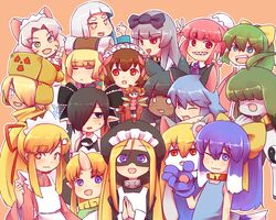  +_+ 6+girls animal_ears beako blonde_hair blue_eyes bow character_request closed_eyes collar copyright_request covered_eyes crossover domino_mask doronjo double_v eyebrows eyebrows_visible_through_hair fairy fangs gegege_no_kitarou hair_clip hair_ornament hairbow hat hinokara_(backfire02) horn kodansha leopard_(yatterman) lolicon looking_at_viewer mask multiple_girls nt-tan ok_sign one_eye_covered open_mouth os-tan pointy_ears shiny shiny_hair shiny_skin staff time_bokan_(series) v wings yatterman yoru_no_yatterman 