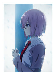  black-framed_eyewear border closed_mouth commentary_request fate/grand_order fate_(series) female from_side glasses hair_over_one_eye highres hood hoodie interlocked_fingers mash_kyrielight necktie open_clothes open_hoodie own_hands_together photoshop_(medium) profile purple_eyes purple_hair red_necktie short_hair smile solo tomato_(lsj44867) upper_body 