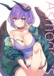  breast_tattoo breasts brown_wings camisole character_request cleavage collarbone commentary_request demon_girl demon_horns drawstring feathered_wings female fingernails green_jacket grin hair_between_eyes highres horns jacket large_breasts long_sleeves looking_at_viewer maou_no_hajimekata_(dmm) off_shoulder open_clothes open_jacket panties pink_eyes pointy_ears puffy_long_sleeves puffy_sleeves purple_camisole purple_hair purple_panties shintou simple_background sleeves_past_wrists smile solo tattoo underwear v white_background wings 