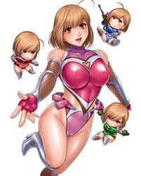  ahoge bare_shoulders blush breasts brown_eyes brown_hair cameltoe chibi cleavage cleavage_cutout female female gloves heart_cutout kokonoki_nao large_breasts legs leotard looking_at_viewer open_mouth shiny_skin short_hair smile taimanin_asagi taimanin_asagi_battle_arena weapon yoimachi_shuri 