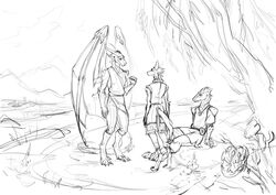  anthro barefoot black_and_white canid canine canis clothed clothing digitigrade dragon european_mythology feet group lizard male mammal membrane_(anatomy) membranous_wings monochrome mountain mythological_creature mythological_scalie mythology plant prode reptile scalie sitting standing tail teygar tree western_dragon wings wolf wooy 