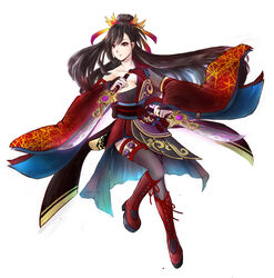  bad_id bad_pixiv_id black_eyes black_hair black_legwear boots caravan_stories cross-laced_footwear dual_wielding falchion_(weapon) female full_body holding japanese_clothes long_hair looking_at_viewer misakura_julio mole mole_under_eye red_footwear solo sora_hoshito sword weapon wide_sleeves 