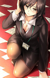  black_hair blush bra breasts brown_eyes cleavage closed_mouth collared_shirt commentary_request eyebrows female formal from_above hatori_mia highres id_card lace lace-trimmed_bra lace_trim large_breasts looking_at_viewer mole mole_under_eye office_lady original pantyhose paper pencil_skirt picking_up red_bra shirt short_hair skirt skirt_suit solo spill squatting suit underwear 