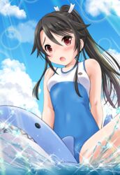  :o bare_arms bare_shoulders blue_sky blush breasts brown_hair cloud collarbone commentary_request competition_swimsuit day female hair_between_eyes hair_ribbon high_ponytail high_school_fleet highres inflatable_shark inflatable_toy looking_at_viewer medium_breasts munetani_mashiro neko_danshaku one-piece_swimsuit open_mouth outdoors ponytail red_eyes ribbon sitting sky solo swimsuit water white_ribbon yokosuka_girls_marine_high_school_swimsuit 