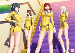  4girls agent_aika aika_(series) anak-ng-tinapay artist_logo artist_name bianca_(agent_aika) black_eyes blue_hair bobby_socks breasts brown_eyes brown_hair cleavage cleavage_cutout closed_mouth clothing_cutout commentary_request covered_navel delmogeny_uniform dress earrings expressionless golden_delmo hair_intakes hand_on_own_hip high_heels indoors jewelry juliet_sleeves large_breasts lipstick long_hair long_sleeves looking_at_viewer makeup medium_breasts multiple_girls panties pantyshot parted_bangs pink_lips puffy_sleeves red_hair rie_petoriyacowa sania_(agent_aika) short_hair small_breasts smile socks stairs standing taut_clothes thighs tonia underwear uniform watermark white_hair white_legwear white_panties yellow_dress yellow_footwear 