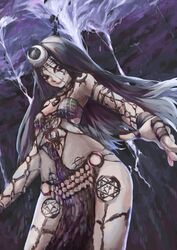  black_eyes black_hair bracelet breasts breasts_apart commentary_request dc_comics enchantress_(dc) facial_tattoo female hair_ornament highres jewelry koba_hanai long_hair necklace pelvic_curtain small_breasts solo suicide_squad tattoo tribal very_long_hair 