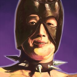  1boy bare_pectorals black_neckwear collar commentary_request gachimuchi grin leather_mask looking_at_viewer male_focus matsutani outline pectorals portrait purple_background purple_outline realistic serious shadow simple_background smile solo spiked_collar spikes uneven_eyes van_darkholme 