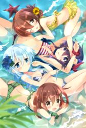  4girls :d :p ;d akatsuki_(kancolle) ass bad_id bad_pixiv_id bikini black_hair blue_bikini blue_eyes blue_flower blue_hair blurry blurry_foreground blush breasts brown_eyes brown_hair camouflage camouflage_bikini closed_mouth commentary_request cowboy_shot day depth_of_field flower folded_ponytail from_above green_bikini green_scrunchie grey_hair hair_between_eyes hair_flower hair_ornament hairclip hibiki_(kancolle) hibiscus highres hizuki_yayoi ikazuchi_(kancolle) inazuma_(kancolle) kantai_collection long_hair looking_at_viewer lying mismatched_bikini multiple_girls navel oerba_yun_fang on_back on_side on_stomach one_eye_closed open_mouth outdoors partially_submerged plaid plaid_bikini plaid_scrunchie polka_dot polka_dot_bikini purple_eyes purple_hair red_bikini red_scrunchie scrunchie seashell shallow_water shell short_hair side-tie_bikini_bottom small_breasts smile starfish striped_bikini striped_clothes sunflower sunflower_hair_ornament swimsuit tongue tongue_out very_long_hair water wrist_scrunchie yellow_bikini yellow_flower 