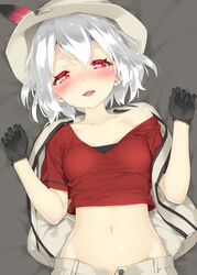  alternate_eye_color alternate_hair_color animal_ears black_gloves blush breasts collarbone commentary_request crop_top elbow_gloves evo_grim female gloves hands_up hat hat_feather heart heart-shaped_pupils helmet kaban_(kemono_friends) kani_biimu kemono_friends looking_at_viewer lying navel on_back open_mouth pith_helmet quiz_magic_academy red_eyes red_shirt shirt short_hair short_sleeves small_breasts smile solo symbol-shaped_pupils teeth unbuttoned v-neck white_hair 