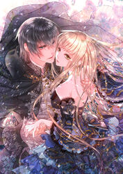  1boy black_hair blonde_hair blue_eyes cape commentary_request dress female green_eyes hair_ornament holding_hands julianne_(oushitsu_shinmonkan) long_hair official_art oscar_(oushitsu_shinmonkan) oushitsu_shinmonkan_wa_waka_oku-sama_wo_midara_ni_honrou_suru sakamoto_akira short_hair star_(symbol) star_hair_ornament 