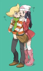  1boy bad_id bad_pixiv_id bag barry_(pokemon) beanie behind_another black_eyes black_hair blonde_hair blush boots brown_eyes cheek-to-cheek coat dawn_(pokemon) female green_background green_scarf hands_on_another&#039;s_shoulders hat heads_together knee_boots leaning_on_person long_hair messenger_bag nuzzle one_eye_closed pink_footwear pokemon pokemon_dppt pokemon_platinum red_coat remotarou scarf shoulder_bag simple_background straight striped_clothes striped_sweater sweater winter_clothes winter_coat 