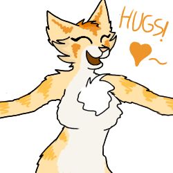  1:1 acacia acacia_dune anthro breasts chest_tuft closed_eyes english_text featureless_breasts felid feline female fur happy heart_symbol hug low_res mammal nude open_mouth orange_body orange_fur smile solo text thumbnail tuft white_body white_fur 