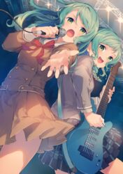  2girls :d :o aqua_hair back-to-back bang_dream! blazer blue_skirt bow bowtie braid brown_dress buttons commentary_request cover cover_page double-breasted doujin_cover dress electric_guitar green_eyes grey_jacket guitar hair_between_eyes hairbow hanasakigawa_school_uniform haneoka_school_uniform hikawa_hina hikawa_sayo holding holding_microphone instrument jacket long_hair long_sleeves looking_at_viewer microphone miniskirt multiple_girls music open_mouth outstretched_hand plaid plaid_skirt playing_instrument pleated_dress pleated_skirt plectrum red_bow red_bowtie sailor_dress scaffolding school_uniform short_hair siblings side_braids singing sisters skirt smile stage_lights tamaki_iori twins yellow_bow 