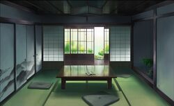  absurdres book commentary_request cushion day highres indoors kyarage_(soda) light no_humans open_book open_door original path plant potted_plant reflection road scenery shouji sliding_doors table tatami 