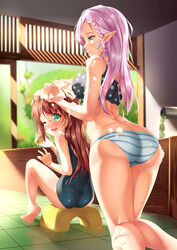  2girls ;d age_difference ass bare_arms bare_legs bare_shoulders bikini braid breasts butt_crack ceiling closed_mouth female from_behind gorudazo highres holding indoors kneeling lolicon long_hair looking_at_viewer looking_back multiple_girls nipples one-piece_swimsuit one_eye_closed open_mouth original pointy_ears polka_dot polka_dot_bikini profile single_braid sitting smile soap striped striped_bikini swimsuit tile_floor tiles washing yuri 