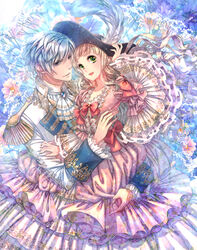  1boy \||/ adjusting_clothes adjusting_headwear aristocratic_clothes baby&#039;s-breath blonde_hair blue_eyes bow clip_studio_paint_(medium) commentary_request dress epaulettes female fingernails floral_background flower frilled_cuffs frilled_dress frilled_sleeves frills fringe_trim gold_trim green_eyes hat hat_feather lilith_las_foglia long_fingernails long_hair long_sleeves looking_at_viewer official_art open_mouth otome_no_kishidou pink_dress pink_flower red_bow rendolph_davis_vant sakamoto_akira short_hair silver_hair sleeve_cuffs uniform white_flower wide_sleeves 