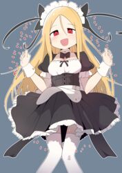  absurdres alternate_costume blonde_hair blush bural_chingu commentary_request detached_collar detached_sleeves dress enmaided female grey_background hair_between_eyes highres lee_ji-min long_hair looking_at_viewer maid maid_headdress open_mouth outline red_eyes simple_background smile solo thighhighs white_outline white_thighhighs wweed 