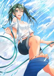  batacchi_(mashimashi_butter) casual cloud commentary_request day denim denim_shorts female from_below green_eyes green_hair highres hose kantai_collection looking_at_viewer looking_down one_eye_closed sandals shirt shorts shorts_rolled_up sky slippers solo summer twintails water wet zuikaku_(kancolle) 