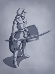  2017 ailurid anthro clothed clothing conditional_dnp dark_souls digital_media_(artwork) female fromsoftware hair hi_res holding_melee_weapon holding_object holding_sword holding_weapon jay_naylor lynne mammal melee_weapon monochrome red_panda shaded shield solo standing sword weapon 