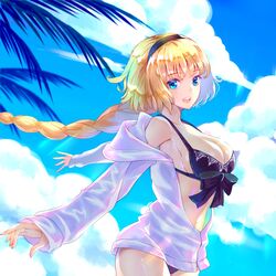  bikini black_bikini blonde_hair blue_eyes braid cloud cloudy_sky commentary_request cowboy_shot day fate/grand_order fate_(series) female front-tie_bikini_top front-tie_top hairband highres hood hoodie jeanne_d&#039;arc_(fate) jeanne_d&#039;arc_(swimsuit_archer)_(fate) jeanne_d&#039;arc_(swimsuit_archer)_(first_ascension)_(fate) long_hair natsujiru outdoors palm_tree single_braid sky swimsuit tree 