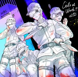  4boys artist_name belt black_eyes blood blood_on_clothes collared_shirt colored_skin combat_knife commentary_request copyright_name dutch_angle english_text hataraku_saibou highres knife male_focus multiple_boys protected_link shirt shishi_(eai_make) signature u-1146 u-2048 u-2626 u-4989 weapon white_blood_cell_(hataraku_saibou) white_hair white_skin white_theme 