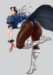  absurdres ass bonten boots bracelet breasts brown_eyes brown_hair capcom china_dress chinese_clothes chun-li cleavage curvy double_bun dress earrings female female full_body grey_background highres huge_ass jewelry large_breasts looking_at_viewer looking_back matching_hair/eyes shiny simple_background solo spiked_bracelet spikes standing standing_on_one_leg street_fighter thick_thighs thighs wide_hips 