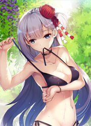  akanebi alternate_costume armpits azur_lane bangle bare_shoulders bikini bikini_in_mouth bikini_tug blue_eyes blush bracelet breast_hold breasts choker cleavage closed_mouth clothes_in_mouth collarbone commentary_request day female flower grey_hair groin hair_flower hair_ornament highres jewelry large_breasts long_hair looking_at_viewer mole mole_under_eye mouth_hold nail_polish navel outdoors red_nails revision shoukaku_(azur_lane) side-tie_bikini_bottom sidelocks skindentation smile solo stomach swimsuit tree untied_bikini wet 