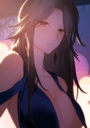  akiyoshi_haru backlighting bare_shoulders blue_dress breasts brown_eyes brown_hair cleavage closed_mouth dress female granblue_fantasy katalina_(granblue_fantasy) katalina_(luck_be_a_lady)_(granblue_fantasy) long_hair looking_at_viewer medium_breasts official_alternate_costume parted_bangs sidelocks solo 