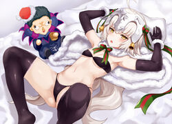  :o ^^^ ahoge armpits arms_up ass bandeau bell bikini black_bikini black_gloves black_thighhighs blush bow bowtie breasts capelet character_doll christmas commentary elbow_gloves eyebrows fate/grand_order fate_(series) female gilles_de_rais_(caster)_(fate) gloves hair_ribbon hairbow hat headpiece jeanne_d&#039;arc_alter_santa_lily_(fate) jirusu knees_up long_hair looking_at_viewer lying navel no_shoes on_back ribbon santa_hat shadow skindentation small_breasts solo spread_legs stomach striped_bow striped_bowtie striped_clothes swimsuit thighhighs thong_bikini underboob very_long_hair white_hair wrist_cuffs yellow_eyes 