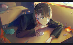  air_bubble bad_id bad_pixiv_id black_jacket blazer blue_eyes brown_hair bubble commentary_request crying crying_with_eyes_open desk eraser female fish goldfish indoors jacket kyarage_(soda) long_sleeves original pen pencil_case school school_desk school_uniform short_twintails solo tears twintails 