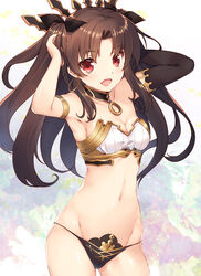  arm_warmers armlet armor arms_up asymmetrical_gloves bare_shoulders black_panties blush bra breasts brown_hair cleavage commentary_request cowboy_shot detached_collar earrings fate/grand_order fate_(series) female gloves highres hip_focus hoop_earrings ishtar_(fate) jewelry long_hair looking_at_viewer medium_breasts mismatched_underwear multicolored_background navel oerba_yun_fang open_mouth panties parted_bangs photoshop_(medium) red_eyes sakuraminto sidelocks single_arm_warmer single_sleeve smile solo standing strapless strapless_bra string_panties thighs two_side_up underwear underwear_only uneven_gloves white_bra 