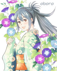  alternate_costume blue_hair brown_eyes brown_hair character_name female fire_emblem fire_emblem_fates flower japanese_clothes kimono leaf long_hair oboro_(fire_emblem) open_mouth ponytail simple_background solo teeth tico upper_body white_background 