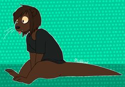  2018 anthro black_nose bodily_fluids bottomless brown_body brown_fur clothed clothing digital_drawing_(artwork) digital_media_(artwork) drooling fangs female fur green_background hair hi_res mammal mustelid otter pattern_background plushkinn saliva signature simple_background smile solo teeth tongue tongue_out 