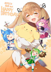  &gt;_&lt; 4girls :d afterimage ahoge animal_ear_fluff animal_ears animal_hands animare arms_up bag bat_ears bear_ears bear_hair_ornament black_footwear black_legwear black_ribbon black_shirt blue_hair blue_skirt blush boots bow breasts brown_background brown_eyes brown_hat cake center_frills chibi cleavage closed_eyes commentary_request confetti dated dog_ears ear_piercing food frills fruit gloves gradient_background green_bow green_hair green_skirt hair_between_eyes hair_ornament hair_ribbon half-closed_eyes happy_birthday hat head_tilt heart highres hinokuma_ran holding holding_plate hugging_object inaba_haneru_(animare) kiseru kneehighs kokka_han large_breasts light_brown_hair long_hair multiple_girls nanashi_inc. nose_bubble o3o open_mouth orange_skirt paw_gloves piercing pink_hair plaid plaid_skirt plate pleated_skirt polka_dot polka_dot_bow puffy_short_sleeves puffy_sleeves rabbit_ears red_skirt ribbon shirt short_sleeves shoulder_bag sitting skirt sleeping sleeveless sleeveless_shirt smile smoking_pipe socks souya_ichika souya_ichika_(1st_costume) strawberry stuffed_animal stuffed_dog stuffed_toy suspender_skirt suspenders thighhighs twintails umori_hinako v-shaped_eyebrows vest virtual_youtuber wariza white_background white_footwear white_legwear white_shirt white_vest xd 