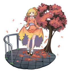  :d absurdres aki_shizuha autumn_leaves blonde_hair commentary_request female fps full_body glowing hair_ornament highres leaf_hair_ornament long_sleeves looking_at_viewer mary_janes open_mouth orange_eyes orange_skirt orange_vest photoshop_(medium) railing shoes short_hair simple_background skirt skirt_basket skirt_hold skirt_set smile solo tile_floor tiles touhou tree vest white_background 