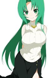  arms_behind_back bare_shoulders black_skirt breasts commentary_request female green_eyes green_hair highres higurashi_no_naku_koro_ni jewelry large_breasts long_hair long_skirt looking_at_viewer necklace parted_bangs ribbed_sweater side_slit simple_background skirt sleeveless sleeveless_sweater sleeveless_turtleneck smile solo sonozaki_shion sweater takae_(poupee_en_biscuit) turtleneck very_long_hair white_background white_sweater 