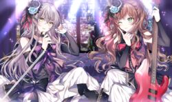  2girls ;) bang_dream! bass_guitar black_choker black_flower black_rose blue_flower blue_rose bow bowtie brown_hair choker commentary_request detached_sleeves dress earrings feather_hair_ornament feathers flower green_eyes grey_hair hair_flower hair_ornament holding holding_instrument holding_microphone imai_lisa index_finger_raised instrument jewelry lace lace_choker long_hair looking_at_viewer microphone microphone_stand minato_yukina multiple_girls neck_ribbon nennen one_eye_closed purple_bow red_bow red_bowtie ribbon rose smile sparkle yellow_eyes 