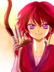  akatsuki_no_yona arrow bow earrings female japanese_clothes lsize pink_hair purple_eyes quiver red_hair short_hair smile solo sunset yona_(akatsuki_no_yona) 