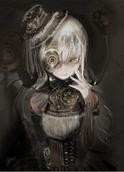  clockwork commentary cross-laced_clothes facial_tattoo female gears gothic_lolita gothic_wa_mahou_otome hand_on_own_cheek hand_on_own_face highres lolita_fashion looking_at_viewer night_vision_device red_eyes rosalie_(gothic_wa_mahou_otome) solo steampunk tattoo upper_body white_hair yae_(mono110) 