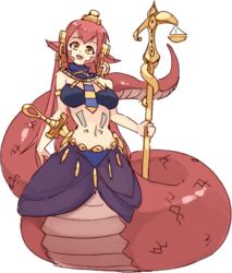  :d anubis_(monster_girl_encyclopedia) anubis_(monster_girl_encyclopedia)_(cosplay) bad_link breasts cosplay egyptian egyptian_clothes female full_body gold jewelry lamia long_hair looking_at_viewer miia_(monster_musume) monster_girl monster_girl_encyclopedia monster_musume_no_iru_nichijou navel necktie open_mouth pointy_ears red_hair rtil scales simple_background slit_pupils smile solo staff stomach stomach_tattoo sword tattoo very_long_hair weapon white_background yellow_eyes 