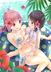  2girls afloat age_difference bikini blue_bow blurry blurry_foreground blush bow breasts brown_hair cleavage commentary_request depth_of_field double_scoop flower food groin hair_flower hair_ornament hair_scrunchie halterneck high_ponytail highres holding holding_food ice_cream ice_cream_cone innertube kuune_rin long_hair lying medium_breasts multiple_girls navel on_back on_person open_mouth original petals petals_on_liquid pink_scrunchie plaid plaid_scrunchie ponytail purple_bikini purple_eyes purple_hair red_eyes red_flower scrunchie sitting swim_ring swimsuit twitter_username water white_bikini 