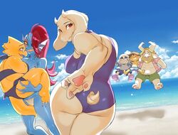  2018 alphys animated_skeleton anthro asgore_dreemurr ass beach beard bikini blonde_hair blue_body blue_skin blush bone boss_monster_(undertale) bovid breasts caprine closed_eyes clothed clothing cloud curvy_figure eye_contact eye_patch eyewear facial_hair female female/female fish footwear frisk_(undertale) fur glasses grin group hair holding_character horn human lizard long_ears long_hair looking_at_another looking_at_viewer looking_back male mammal marine mature_anthro mature_female nam one-piece_swimsuit open_mouth open_smile outside overweight pawpads rear_view red_eyes red_hair reptile sand sandals sans_(undertale) scalie sea seaside skeleton sky smile swimwear toriel undead undertale undertale_(series) undyne voluptuous water white_body white_fur yellow_body yellow_skin 