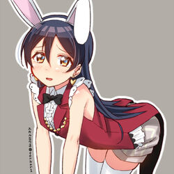  animal_ears bent_over black_hair bow bowtie brown_eyes commentary_request earrings female heart heart_earrings jewelry korean_commentary korekara_no_someday long_hair love_live! love_live!_school_idol_project rabbit_ears shorts skull573 solo sonoda_umi tailcoat thighhighs 