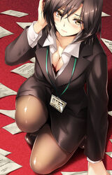  black_hair blush bra breasts brown_eyes cleavage closed_mouth commentary_request eyebrows female formal from_above hatori_mia highres id_card lace lace-trimmed_bra lace_trim large_breasts looking_at_viewer mole mole_under_eye office_lady original pantyhose paper pencil_skirt red_bra short_hair skirt skirt_suit solo spill squatting suit underwear 