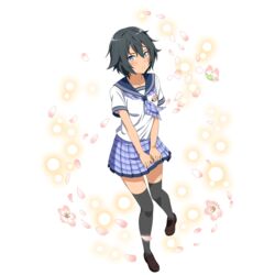  bad_id black_hair blue_eyes blue_sailor_collar blue_skirt blush brown_footwear female full_body grey_thighhighs hair_between_eyes highres loafers looking_at_viewer miniskirt neckerchief official_art philia_(sao) philia_(sao-alo) plaid plaid_skirt pleated_skirt sailor_collar school_uniform serafuku shirt shoes short_hair short_sleeves skirt solo standing sword_art_online thighhighs transparent_background white_shirt zettai_ryouiki 