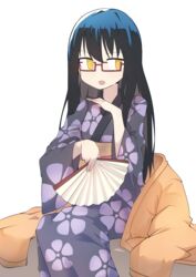  absurdres black_hair blush bural_chingu commentary_request female glasses hair_between_eyes hand_fan highres japanese_clothes ju_hyeon-mi kimono long_hair open_mouth paper_fan red-framed_eyewear simple_background solo white_background wweed yellow_eyes 