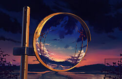  blue_sky chain-link_fence cloud commentary_request fence kyarage_(soda) mirror no_humans original outdoors photoshop_(medium) pink_sky railroad_crossing reflection scenery sky sunset traffic_mirror water 